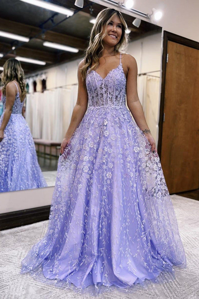 Load image into Gallery viewer, Sparkly Lilac A-Line Spaghetti Straps Long Prom Dress with Appliques