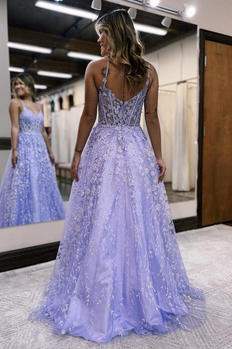 Load image into Gallery viewer, Sparkly Lilac A-Line Spaghetti Straps Long Prom Dress with Appliques