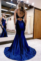 Load image into Gallery viewer, Sparkly Navy Beaded Open Back Mermaid Long Prom Dress
