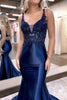 Load image into Gallery viewer, Sparkly Navy Beaded Open Back Mermaid Long Prom Dress