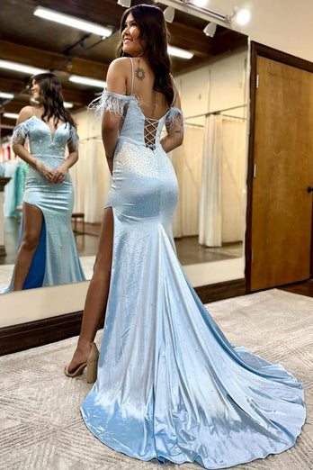 Sparkly Light Blue Sequins Mermaid Long Prom Dress with Feathers