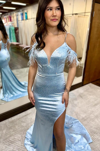 Sparkly Light Blue Sequins Mermaid Long Prom Dress with Feathers