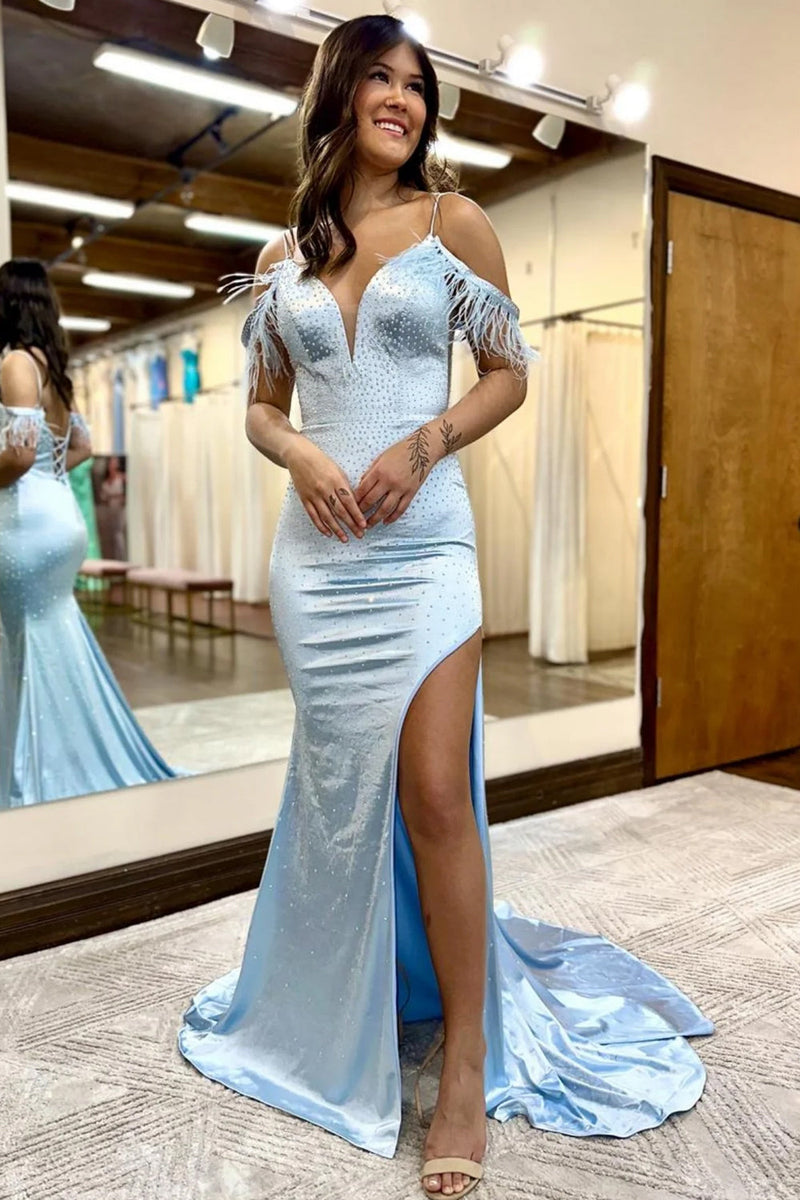 Load image into Gallery viewer, Sparkly Light Blue Sequins Mermaid Long Prom Dress with Feathers