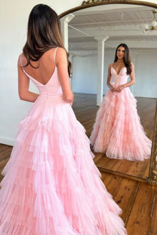 Light Pink Tulle Tiered A-Line Long Prom Dress