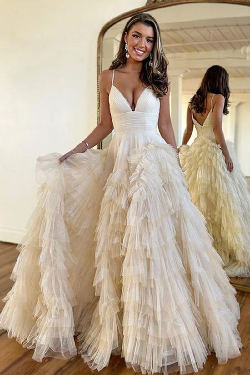 Load image into Gallery viewer, Light Pink Tulle Tiered A-Line Long Prom Dress
