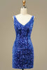 Load image into Gallery viewer, Sparkly Royal Blue V-Neck Open Back Sequins Tight Short Party Dress