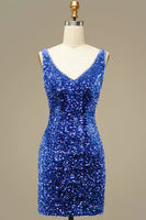 Load image into Gallery viewer, Sparkly Royal Blue V-Neck Open Back Sequins Tight Short Party Dress