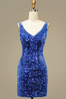 Sparkly Royal Blue V-Neck Open Back Sequins Tight Short Party Dress