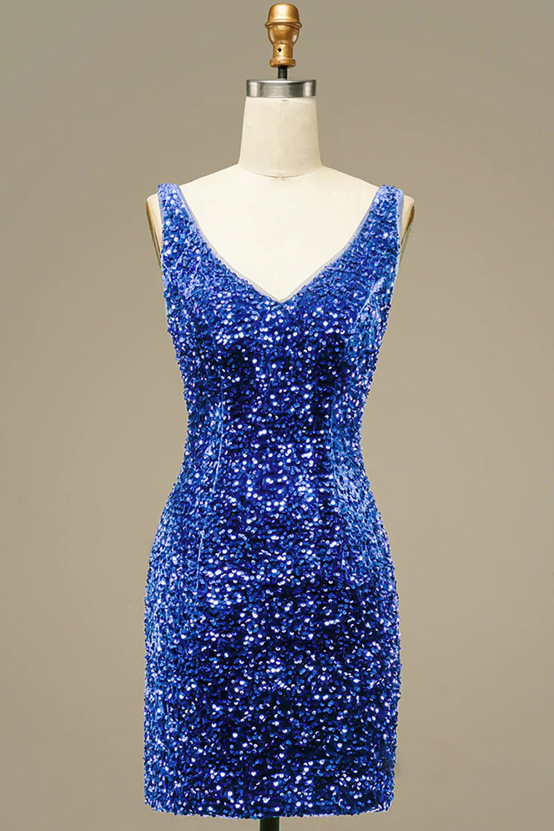 Load image into Gallery viewer, Sparkly Royal Blue V-Neck Open Back Sequins Tight Short Party Dress