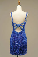 Load image into Gallery viewer, Sparkly Royal Blue V-Neck Open Back Sequins Tight Short Party Dress