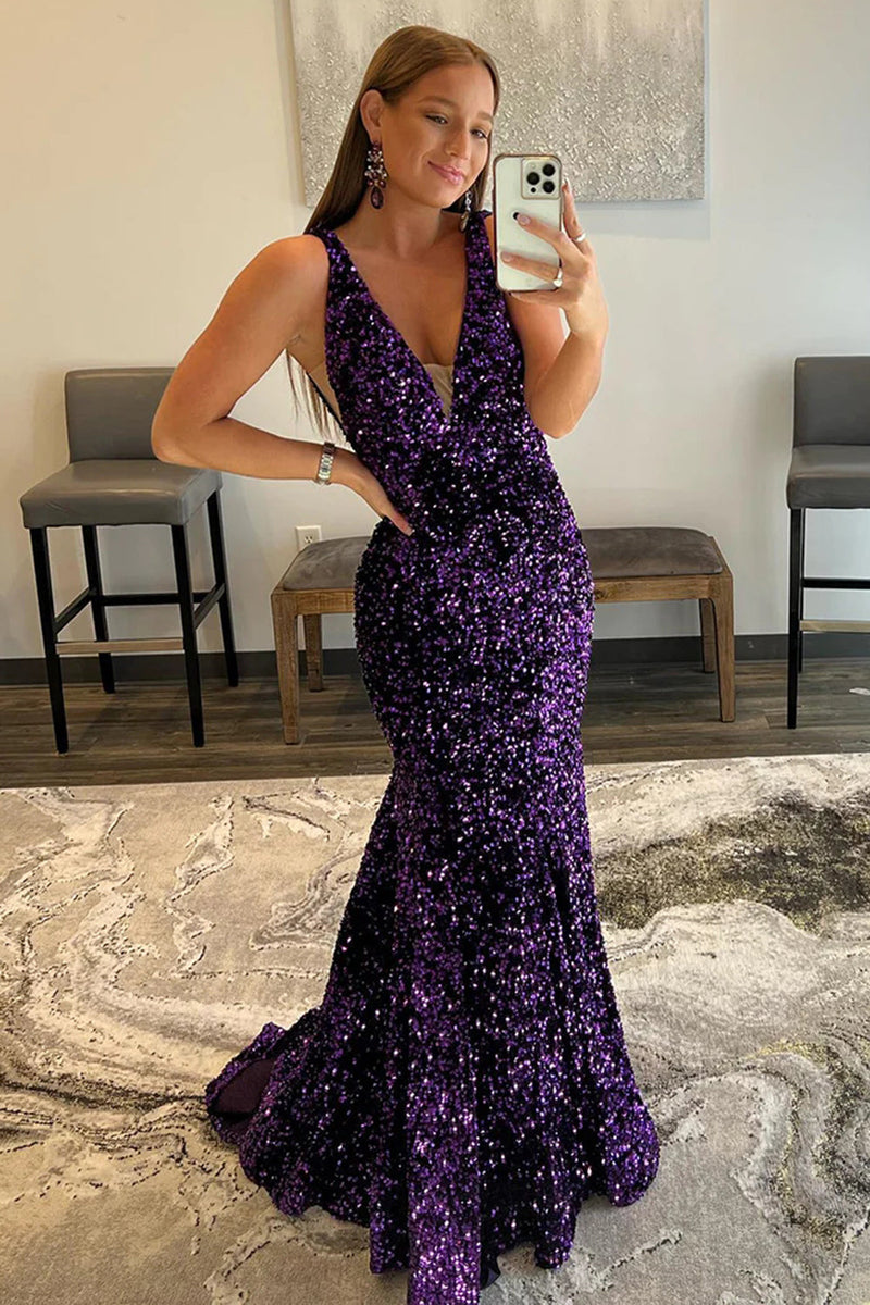 Load image into Gallery viewer, Blue Sequins Mermaid Prom Dress