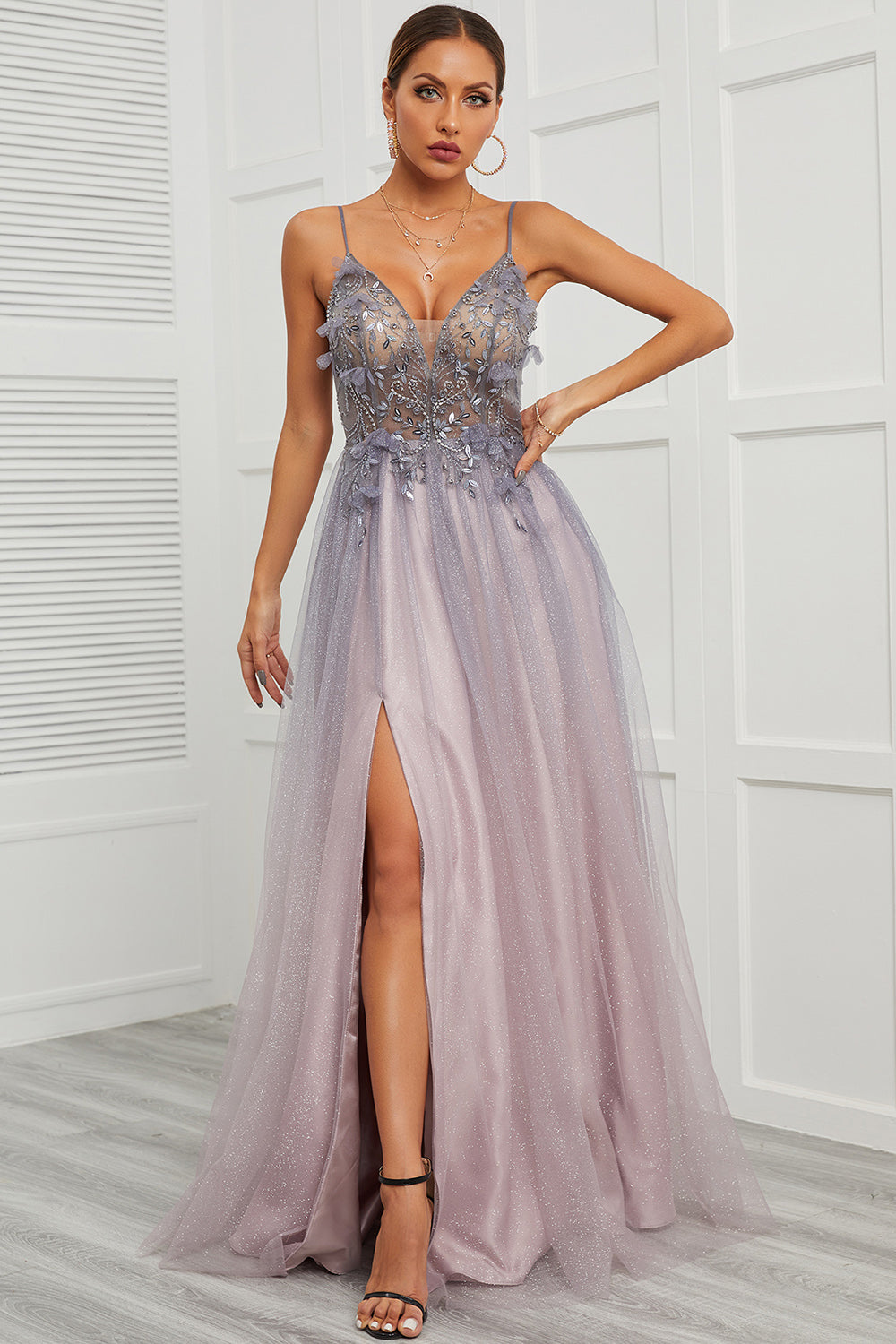 Purple Spaghetti Straps Long Prom Dress with Split Front