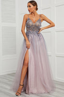 Load image into Gallery viewer, Purple Spaghetti Straps Long Prom Dress with Split Front