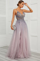 Load image into Gallery viewer, Purple Spaghetti Straps Long Prom Dress with Split Front