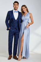 Load image into Gallery viewer, Peak Lapel One Button Dark Blue Jacquard Men&#39;s Wedding Party Suits