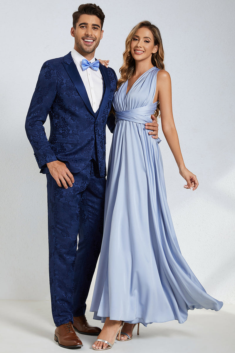 Load image into Gallery viewer, Peak Lapel One Button Dark Blue Jacquard Men&#39;s Wedding Party Suits