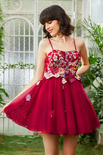 Burgundy A Line Spaghetti Straps Short Prom Dress With 3D Flowers