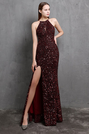 Burgundy Sequin Long Prom Dress with Slit
