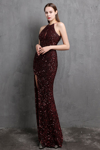 Burgundy Sequin Long Prom Dress with Slit