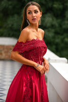 Load image into Gallery viewer, Red Off-shoulder Long Prom Dress with Appliques