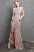 Load image into Gallery viewer, Burgundy Sequin Long Prom Dress with Slit