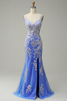 Load image into Gallery viewer, Glitter Blue Mermaid Lace Long Prom Dress with Slit
