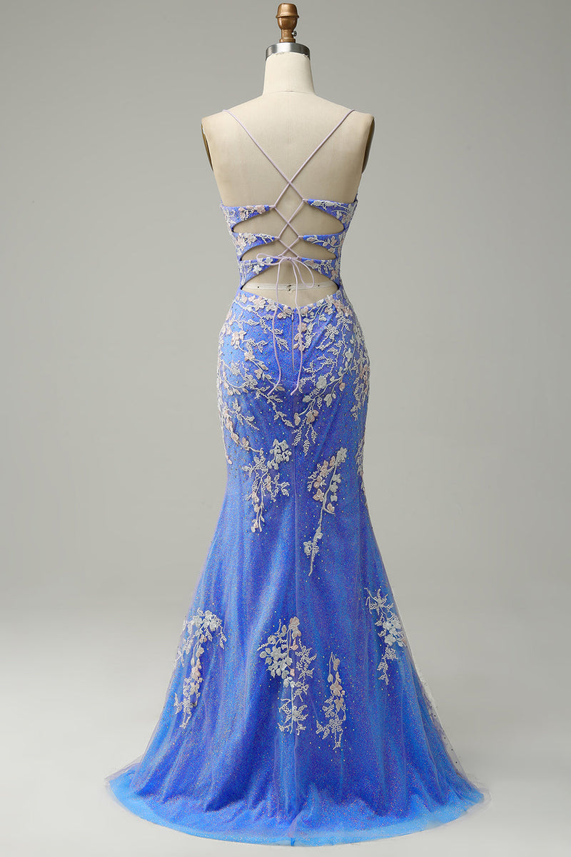 Load image into Gallery viewer, Glitter Blue Mermaid Lace Long Prom Dress with Slit