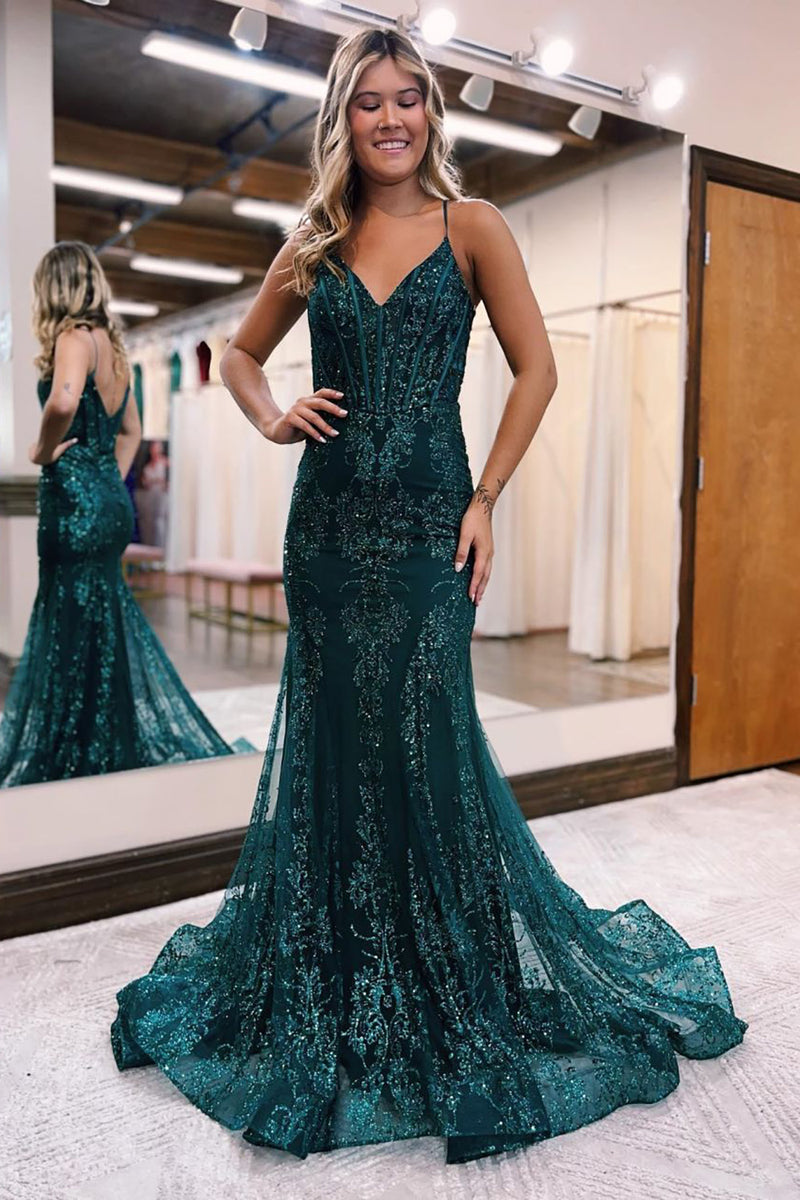 Load image into Gallery viewer, Mermaid Corset Peacock Green Long Prom Dress with Appliques