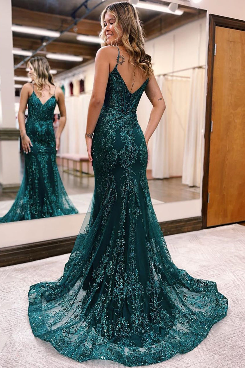 Load image into Gallery viewer, Mermaid Corset Peacock Green Long Prom Dress with Appliques