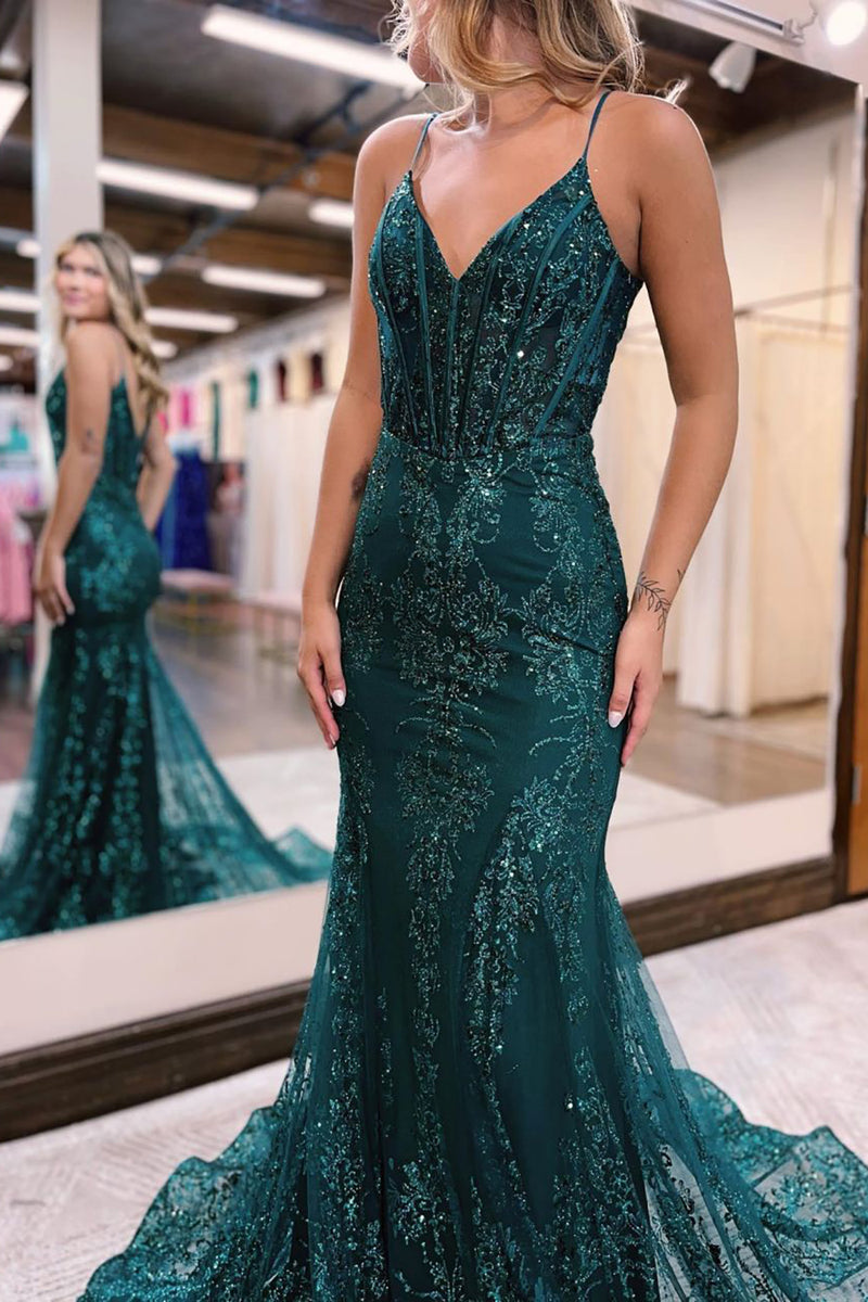 Load image into Gallery viewer, Mermaid Corset Peacock Green Long Prom Dress with Appliques