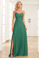 Load image into Gallery viewer, A Line Spaghetti Straps Dark Green Long Bridesmaid Dress