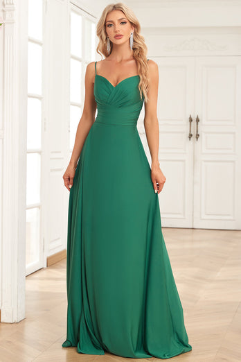 A Line Spaghetti Straps Dark Green Long Bridesmaid Dress