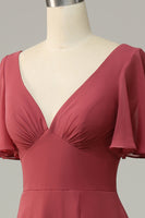 Load image into Gallery viewer, V Neck Short Sleeves Open Back Bridesmaid Dress