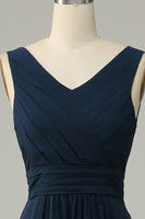 Load image into Gallery viewer, Navy V Neck Sleeveless A Line Long Bridesmaid Dress