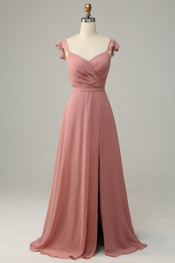 Dusty Rose A Line Ruffles Long Bridesmaid Dress With Slit