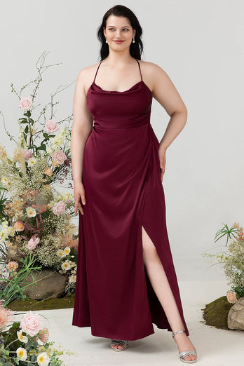 Burgundy Satin Sheath Halter Plus Size Bridesmaid Dress With Slit
