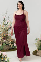 Load image into Gallery viewer, Burgundy Satin Sheath Halter Plus Size Bridesmaid Dress With Slit