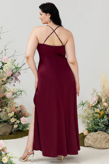 Burgundy Satin Sheath Halter Plus Size Bridesmaid Dress With Slit