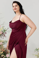 Load image into Gallery viewer, Burgundy Satin Sheath Halter Plus Size Bridesmaid Dress With Slit