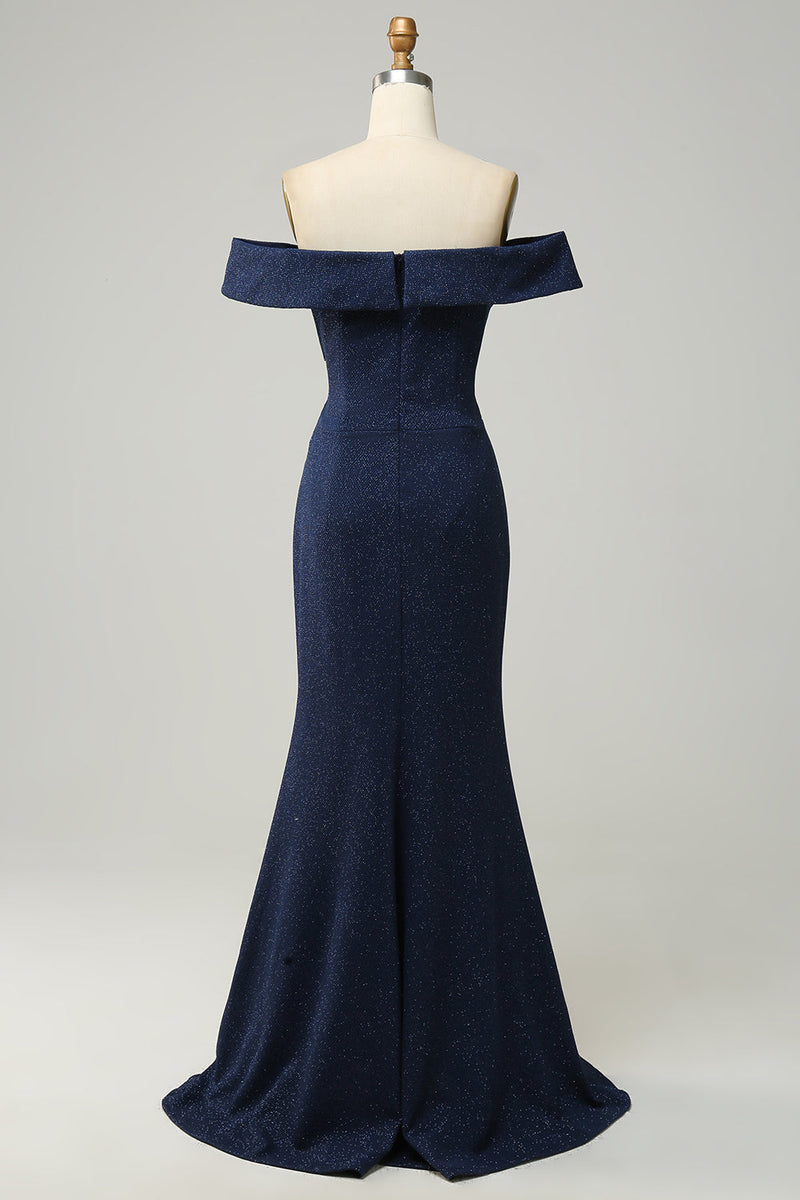 Load image into Gallery viewer, Navy Off The Shoulder Sparkly Sheath Long Bridesmaid Dress