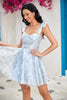 Load image into Gallery viewer, Cute A Line Spaghetti Straps Blue Printed Short Prom Dress