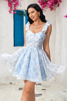 Load image into Gallery viewer, Cute A Line Spaghetti Straps Blue Printed Short Prom Dress