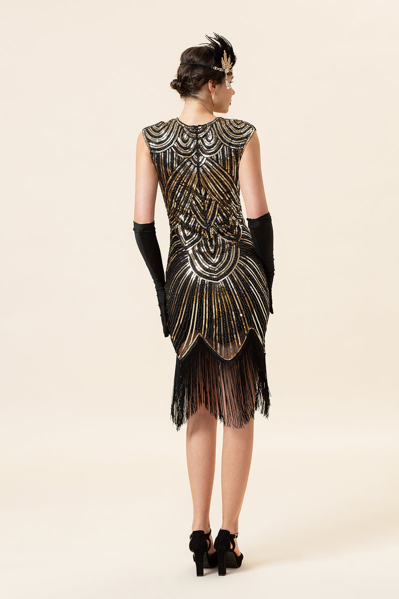 Load image into Gallery viewer, Gold Gatsby Glitter Fringe 1920s Dress