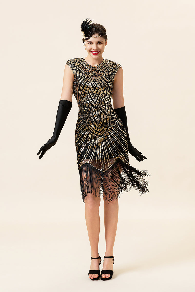 Load image into Gallery viewer, Black Gatsby Glitter Fringe 1920s Dress