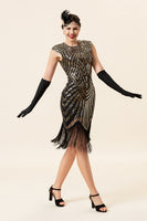 Load image into Gallery viewer, Champagne Sequin Fringe Flapper Dress