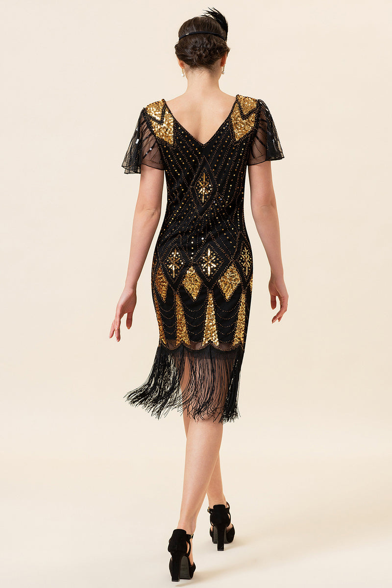 Load image into Gallery viewer, Black &amp; Gold Sequins 1920s Flapper Dress