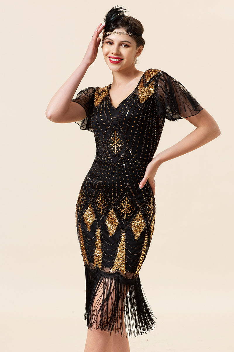 Load image into Gallery viewer, Black &amp; Gold Sequins 1920s Flapper Dress
