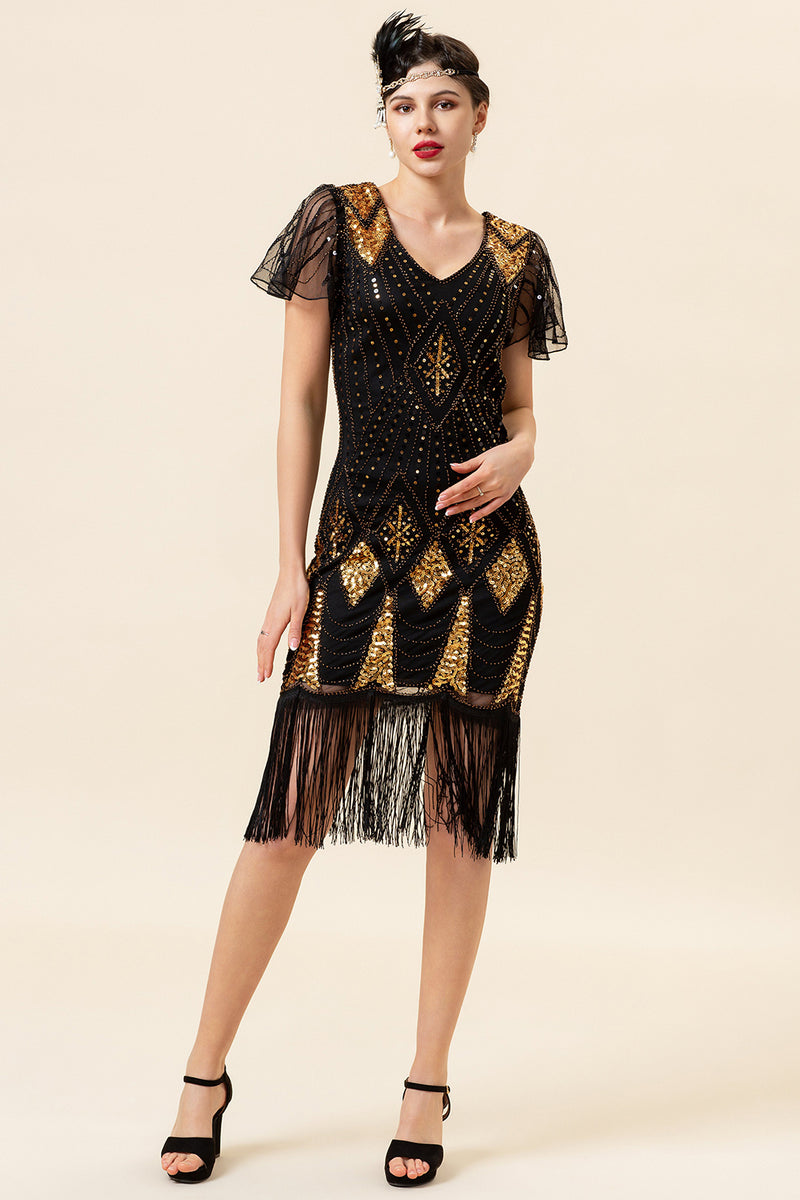 Load image into Gallery viewer, Black &amp; Gold Sequins 1920s Flapper Dress