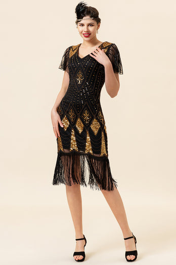 Black & Gold Sequins 1920s Flapper Dress