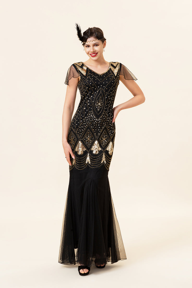 Load image into Gallery viewer, Black and Gold Long Sequin 1920s Dress